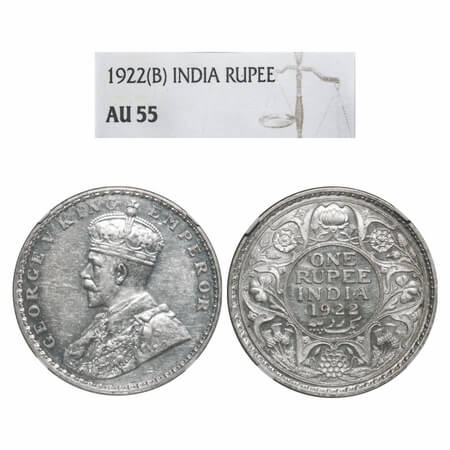 George V, Silver, Rupee, 1922, Bombay Mint, Dot. F. Prid 228. GK 1044. NGC Slab AU 55. Rar