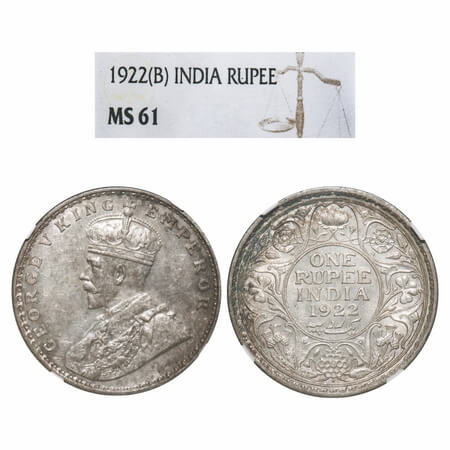 George V, Silver, Rupee, 1922, Bombay Mint, Dot. F. Prid 228. GK 1044. NGC Slab MS 61. Ver