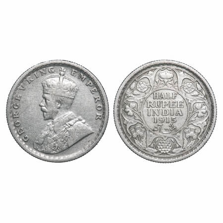 George V, Silver, Half Rupee, 1915, Calcutta Mint, No dot. F. Prid 322. GK 1052. Very Fine