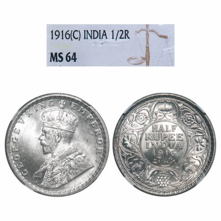 George V, Silver, Half Rupee, 1916, Calcutta Mint, No dot. F. Prid 323. GK 1053. NGC Slab 