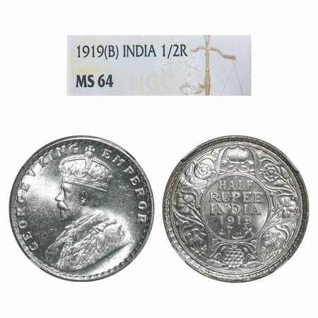 George V, Silver, Half Rupee, 1919, Bombay Mint, Dot. F. Prid 343. GK 1057. NGC Slab MS 64