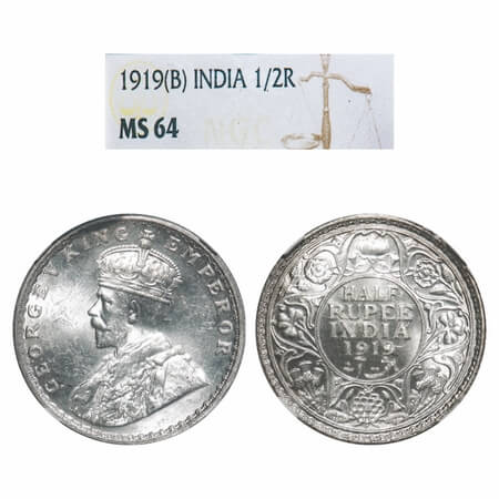George V, Silver, Half Rupee, 1919, Bombay Mint, Dot. F. Prid 343. GK 1057. NGC Slab MS 64