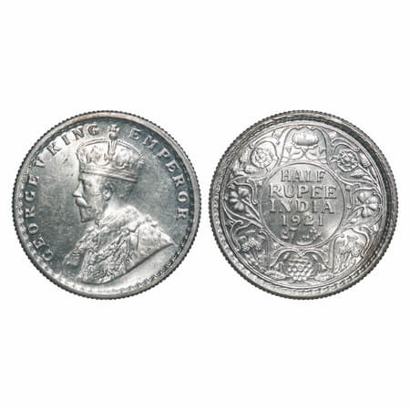 George V, Silver, Half Rupee 1921, Calcutta Mint, No dot. F. Prid 324. GK 1058. Brilliant 