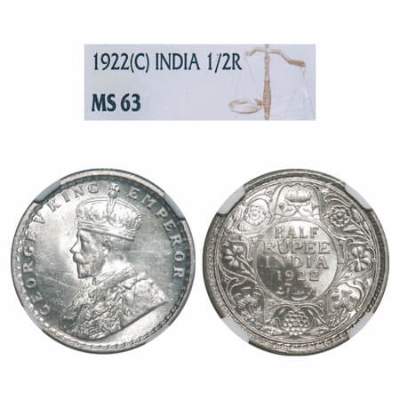 George V, Silver, Half Rupee, 1922, Calcutta Mint, No dot. F. Prid 325. GK 1059. NGC Slab 