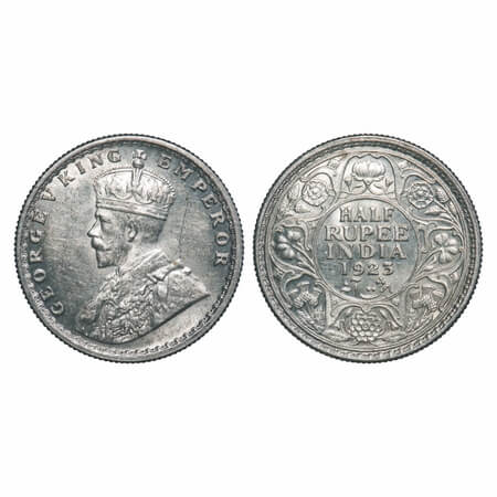 George V, Silver, Half Rupee, 1923, Calcutta Mint, No dot. F. Prid 326. GK 1061. About Unc