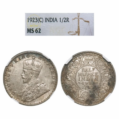 George V, Silver, Half Rupee, 1923, Calcutta Mint, No dot. F. Prid 326. GK 1061. NGC Slab 