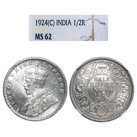 George V, Silver, Half Rupee, 1924, Calcutta Mint, No dot. F. Prid 327. GK 1063. NGC Slab 