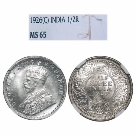 George V, Silver, Half Rupee, 1926, Calcutta Mint, No dot. F. Prid 329. GK 1067. NGC Slab 