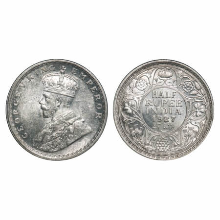 George V, Silver, Half Rupee, 1927, Calcutta Mint, Dot. F. Prid 330. GK 1069. Uncirculated