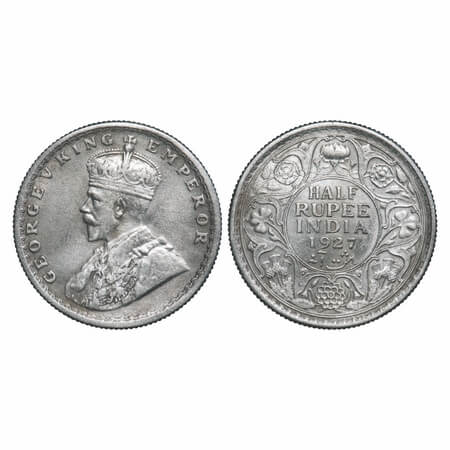 George V, Silver, Half Rupee, 1927, Calcutta Mint, No dot, Elephant. F. Prid 330. GK 1069.