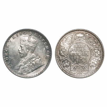 George V, Silver, Half Rupee, 1928, Bombay Mint, Dot, Ghost on Rev. F. Prid 349. GK 1070. 
