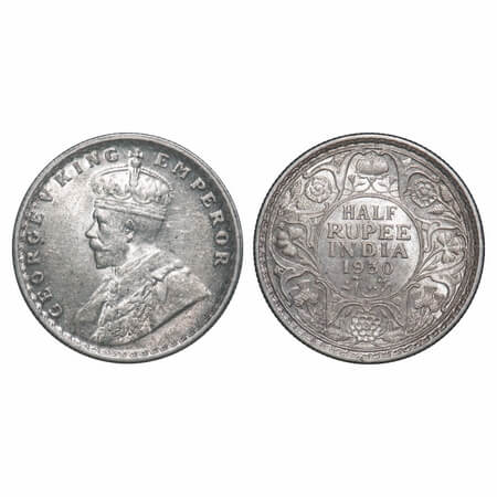 George V, Silver, Half Rupee, 1930, Calcutta Mint, No dot. F. Prid 332. GK 1072. Uncircula