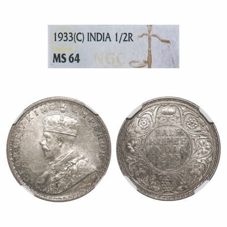 George V, Silver, Half Rupee, 1933, Calcutta Mint, No dot. F. Prid 333. GK 1073. NGC Slab 