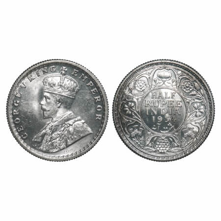 George V, Silver, Half Rupee 1934, Calcutta Mint, No dot. F. Prid 334. GK 1074. Brilliant 