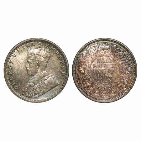 George V, Silver, Half Rupee, 1936, Calcutta Mint, No dot. F. Prid 335. GK 1075. Brilliant
