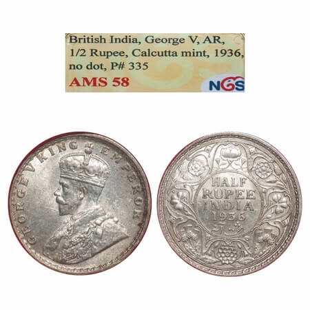 George V, Silver, Half Rupee, 1936, Calcutta Mint, No dot. F. Prid 335. GK 1075. NGS Slab 