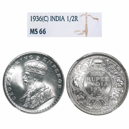 George V, Silver, Half Rupee, 1936, Calcutta Mint, No dot. F. Prid 335. GK 1075. NGC Slab 