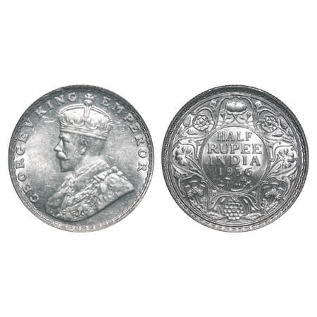 George V, Silver, Half Rupee, 1936, Bombay Mint, Dot. F. Prid 350. GK 1076. Mint State. Ve