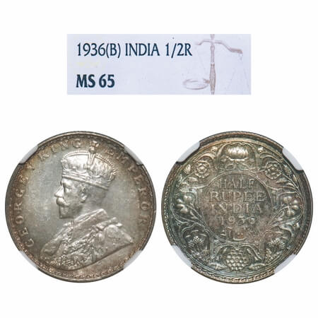 George V, Silver, Half Rupee, 1936, Bombay Mint, Dot. F. Prid 350. GK 1076. NGC Slab MS 65