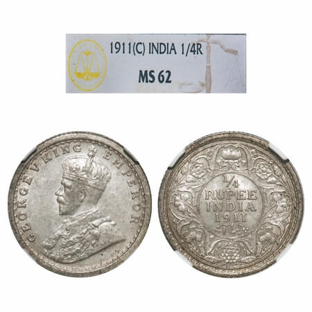 George V, Silver, 1/4 Rupee, 1911, Calcutta Mint, No dot, Pig-Type. F. Prid 440. GK 1080. 