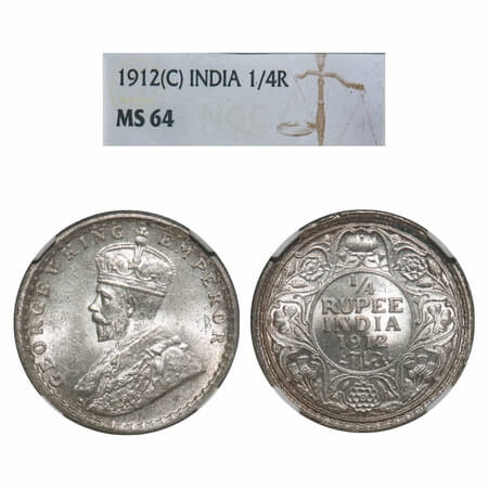 George V, Silver, 1/4 Rupee, 1912, Calcutta Mint, No dot, Re-drawn Elephant. F. Prid 441. 