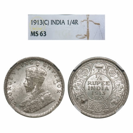 George V, Silver, 1/4 Rupee, 1913, Calcutta Mint, No dot, Elephant. F. Prid 442. GK 1083. 