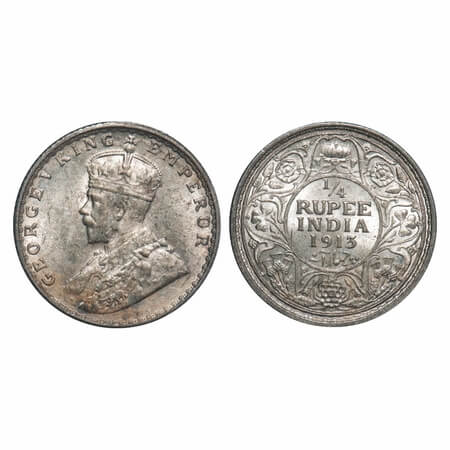 George V, Silver, 1/4 Rupee, 1913, Bombay Mint, Dot, Elephant. F. Prid 455. GK 1084. About