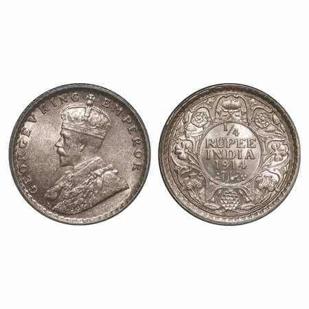 George V, Silver, 1/4 Rupee, 1914, Calcutta Mint, No dot, Elephant. F. Prid 443. GK 1085. 