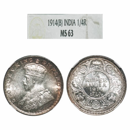 George V, Silver, 1/4 Rupee, 1914, Bombay Mint, Dot, Elephant. F. Prid 456. GK 1086. NGC S