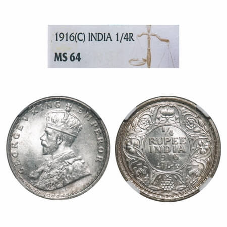 George V, Silver, 1/4 Rupee, 1916, Calcutta Mint, No dot. F. Prid 445. GK 1089. NGC Slab M
