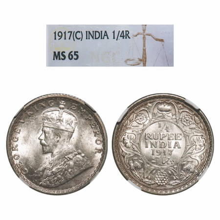 George V, Silver, 1/4 Rupee, 1917, Calcutta Mint, No dot. F. Prid 446. GK 1090. NGC Slab M