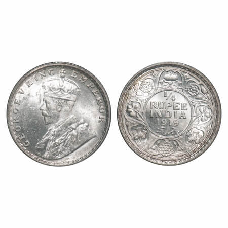 George V, Silver, 1/4 Rupee, 1919, Calcutta Mint, No dot. F. Prid 448. GK 1092. Mint State