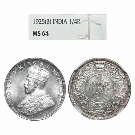 George V, Silver, 1/4 Rupee, 1925, Bombay Mint, Dot. F. Prid 458. GK 1093. NGC Slab MS 64.