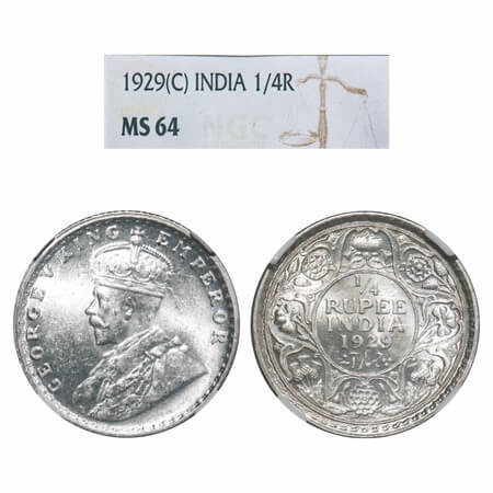 George V, Silver, 1/4 Rupee, 1929, Calcutta Mint, No dot. F. Prid 450. GK 1096. NGC Slab M