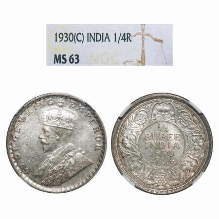 George V, Silver, 1/4 Rupee, 1930, Calcutta Mint, No dot. F. Prid 451. GK 1097. NGC Slab M