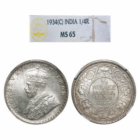 George V, Silver, 1/4 Rupee, 1934, Calcutta Mint, No dot. F. Prid 452. GK 1098. NGC Slab M