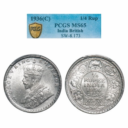 George V, Silver, 1/4 Rupee, 1936, Calcutta Mint, No dot. F. Prid 453. GK 1099. PCGS Slab 