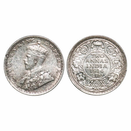 George V, Silver, 2 Annas, 1914, Bombay Mint, Dot. F. Prid 573. GK 1113. Brilliant Uncircu
