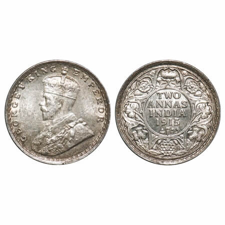 George V, Silver, 2 Annas, 1915, Bombay Mint, Dot, Ghost on Rev. F. Prid 574. GK 1115. Unc