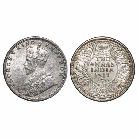George V, Silver, 2 Annas, 1917, Calcutta Mint, No dot. F. Prid 570. GK 1117. Uncirculated