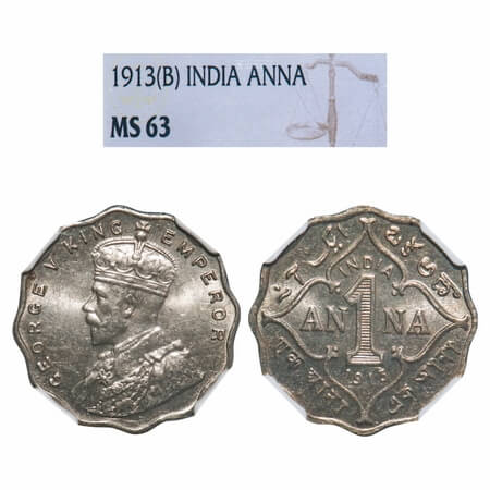 George V, Copper-Nickel, 1 Anna, 1913, Bombay Mint, Dot. F. Prid 943. GK 1143. NGC Slab MS