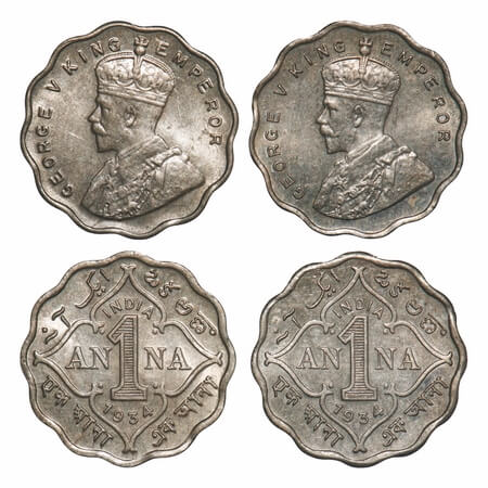 George V, Cooper-Nickel, 1 Anna, (2 coins), 1934, Calcutta Mint, No dot. F. Prid 938(2). G