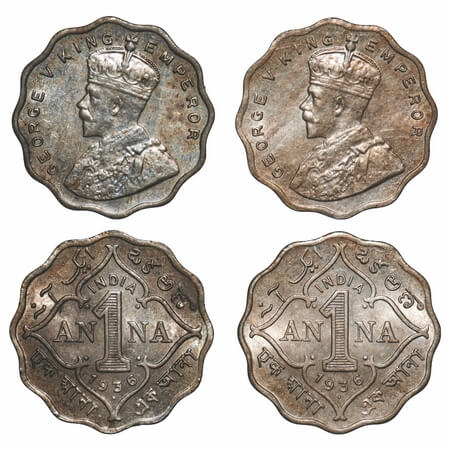 George V, Copper-Nickel, 1 Anna, (2 coins), 1936, 1) Bombay Mint, Dot, 'Small dot', 2) Bom