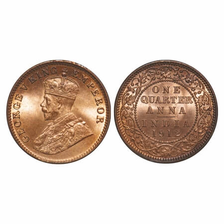 George V, Bronze, Quarter Anna, 1912, Calcutta Mint, No dot, Elephant-Type. F. Prid 658. G