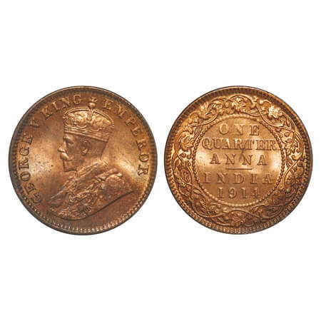 George V, Bronze, Quarter Anna, 1914, Calcutta Mint, No dot. F. Prid 660. GK 1174. Brillia