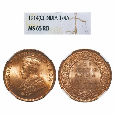 George V, Bronze, Quarter Anna, 1914, Calcutta Mint, No dot. F. Prid 660. GK 1174. NGC Sla