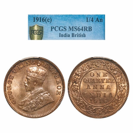 George V, Bronze, Quarter Anna, 1916, Calcutta Mint, No dot. F. Prid 661. GK 1175. PCGS Sl