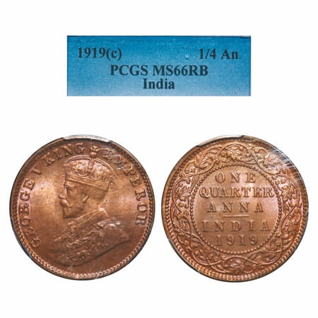 George V, Bronze, Quarter Anna, 1919, Calcutta Mint, No dot. F. Prid 664. GK 1178. PCGS Sl