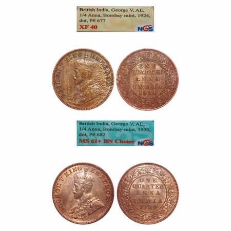 George V, Bronze, Quarter Anna, (2 slabs), Bombay Mint, Dot, 1) 1924, 2) 1930, With more s