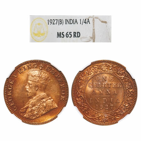 George V, Bronze, Quarter Anna, 1927, Bombay Mint, Dot. F. Prid 680. GK 1185. NGC Slab MS 